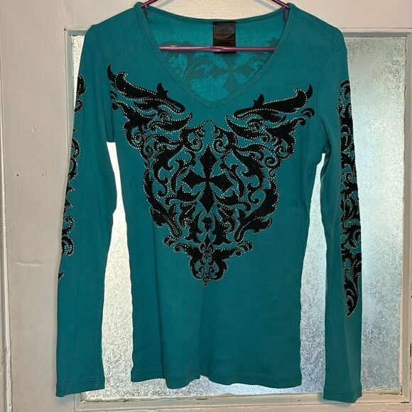 So Cute Women’s Dark Teal and Black Rhinestone embellished long sleeve T-shirt M - Picture 1 of 5